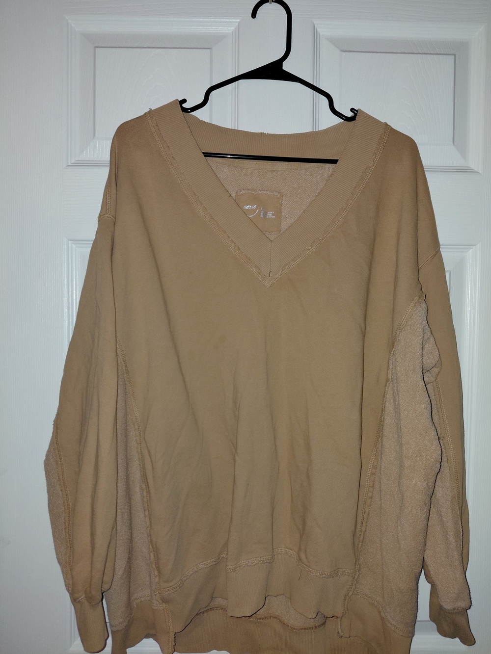 aerie V-Neck Oversized Sweatshirt in Tan